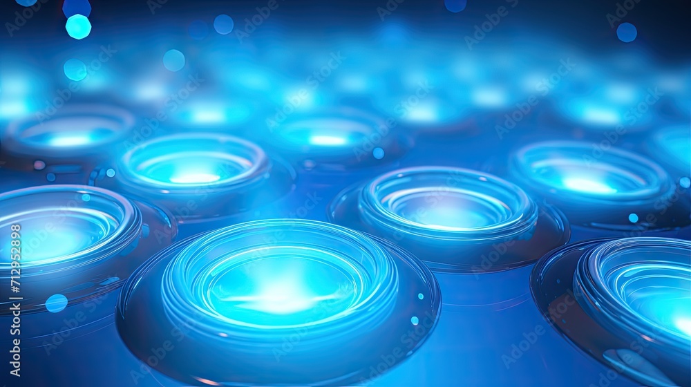 Poster background with neon blue circles arranged in a repeating pattern with a neon glow effect and lens f