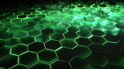 Background with green hexagons arranged randomly with a neon glow effect and lens flares