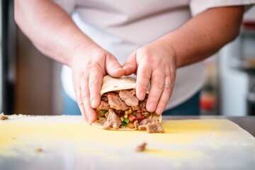 making of a burrito, hands folding tortilla over filling - obrazy, fototapety, plakaty