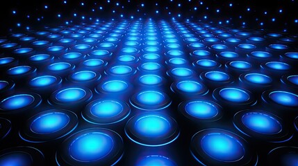 Obraz premium Background with neon blue circles arranged in a repeating pattern with a neon glow effect and lens flares
