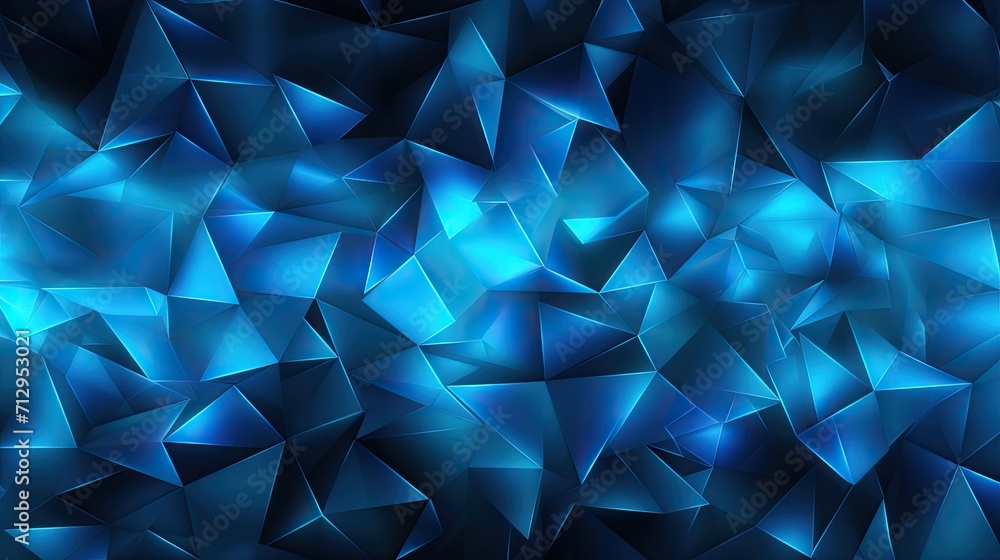 Poster background with neon blue triangles arranged randomly with a distortion effect and reflection