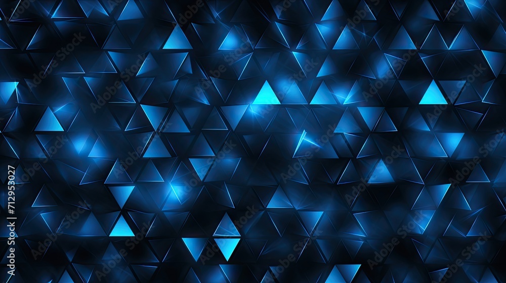 Poster background with neon blue triangles arranged randomly with a distortion effect and reflection