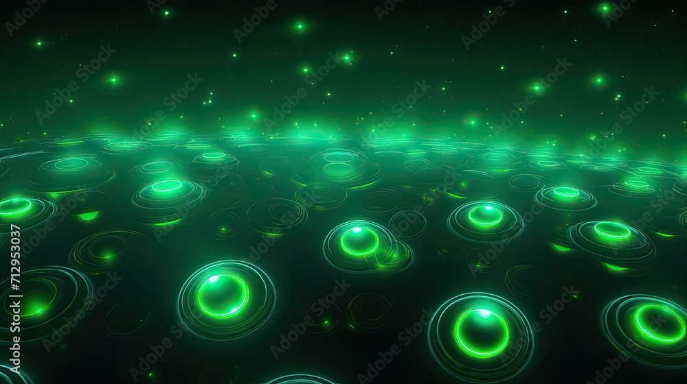 Poster background with neon green circles arranged in a repeating pattern with a neon glow effect and lens 