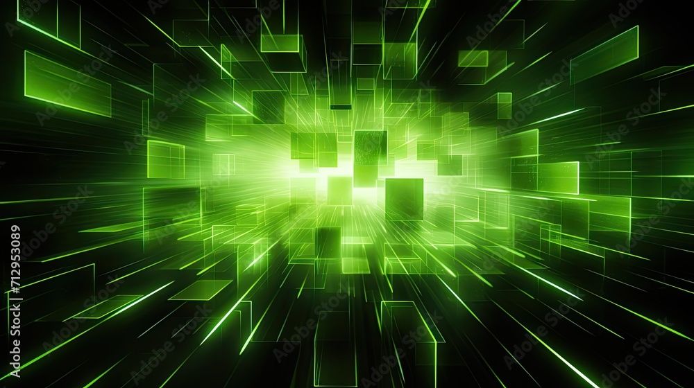 Aufkleber background with neon green squares arranged in a grid pattern with a motion blur effect and light st