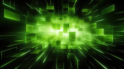 Background with neon green squares arranged in a grid pattern with a motion blur effect and light streaks