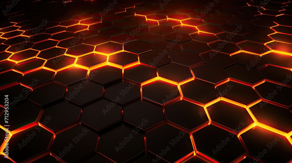 Poster background with neon orange hexagons arranged randomly with a 3d effect and parallax scrolling