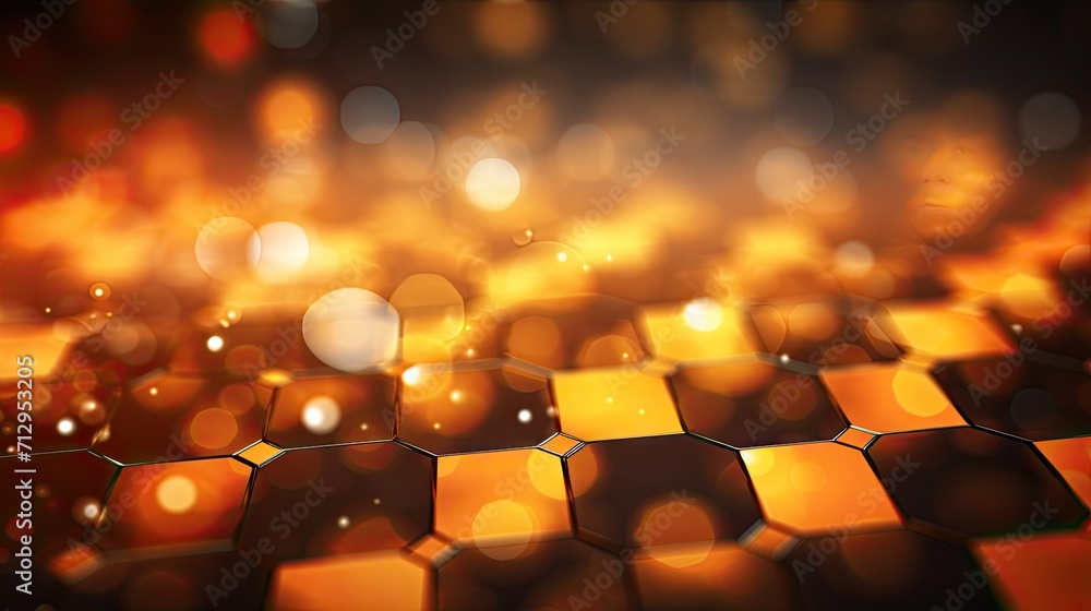 Aufkleber background with neon orange hexagons arranged in a honeycomb pattern with a bokeh effect and color g