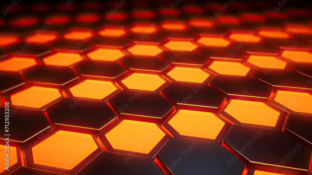 Poster background with neon orange hexagons arranged in a repeating pattern with a bokeh effect and color g