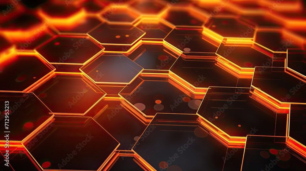 Poster background with neon orange hexagons arranged randomly with a 3d effect and parallax scrolling