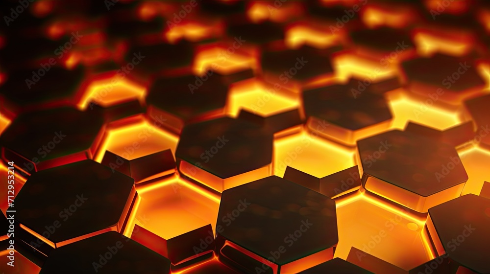 Poster background with neon orange hexagons arranged in a honeycomb pattern with a bokeh effect and color g