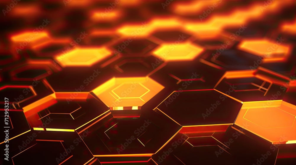 Poster background with neon orange hexagons arranged randomly with a bokeh effect and color grading