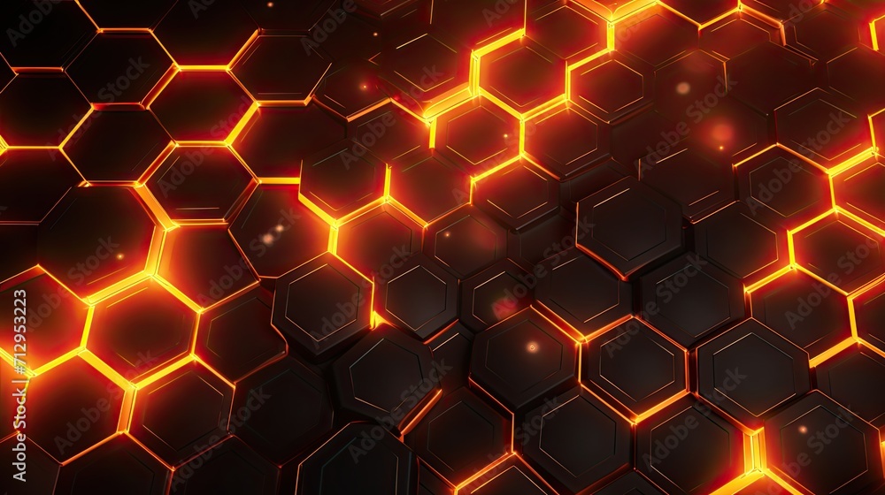 Poster background with neon orange hexagons arranged randomly with a 3d effect and parallax scrolling