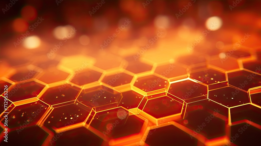 Poster background with neon orange hexagons arranged randomly with a bokeh effect and color grading