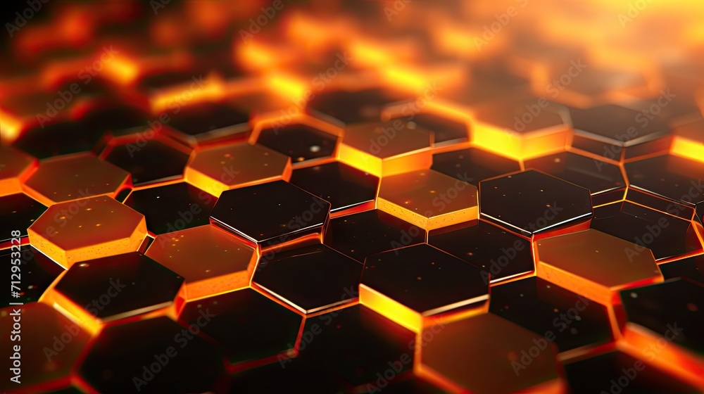 Poster background with neon orange hexagons arranged randomly with a 3d effect and parallax scrolling