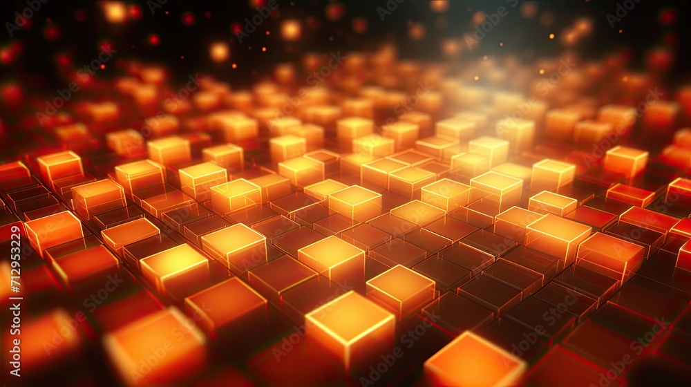 Poster background with neon orange squares arranged in a repeating pattern with a bokeh effect and color gr
