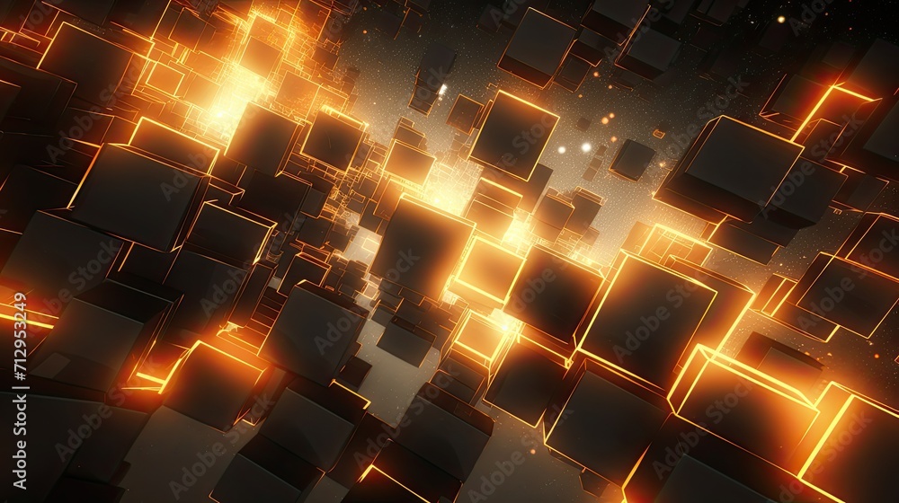 Fototapete background with neon orange squares arranged randomly with a 3d effect and particle system