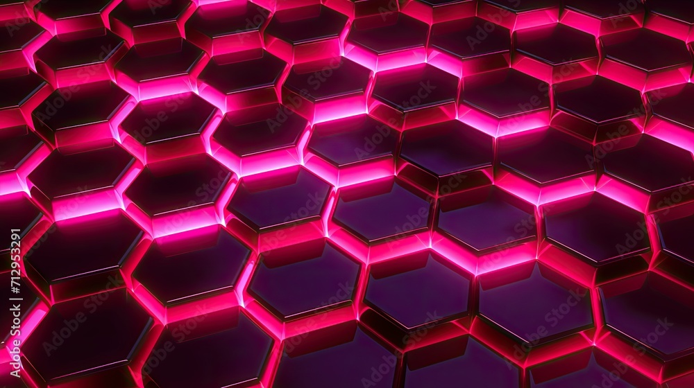 Poster background with neon pink hexagons arranged in a honeycomb pattern with a chromatic aberration effec