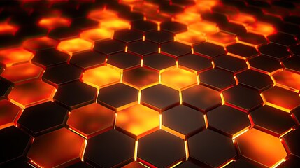 Background with neon orange hexagons arranged in a repeating pattern with a bokeh effect and color grading