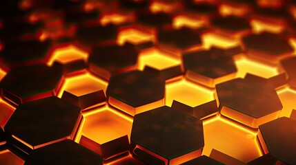 Background with neon orange hexagons arranged in a honeycomb pattern with a bokeh effect and color grading