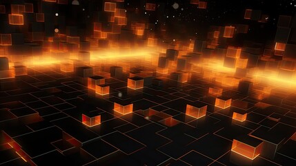 Background with neon orange squares arranged randomly with a 3d effect and particle system