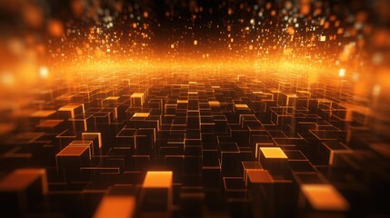 Background with neon orange squares arranged randomly with a 3d effect and particle system - obrazy, fototapety, plakaty