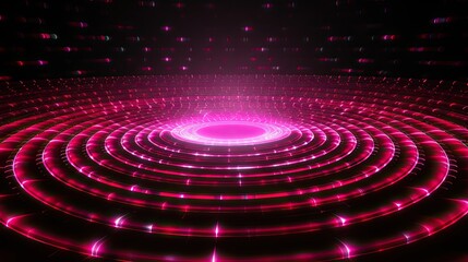 Background with neon pink circles arranged in a spiral pattern with a glitch effect and digital noise