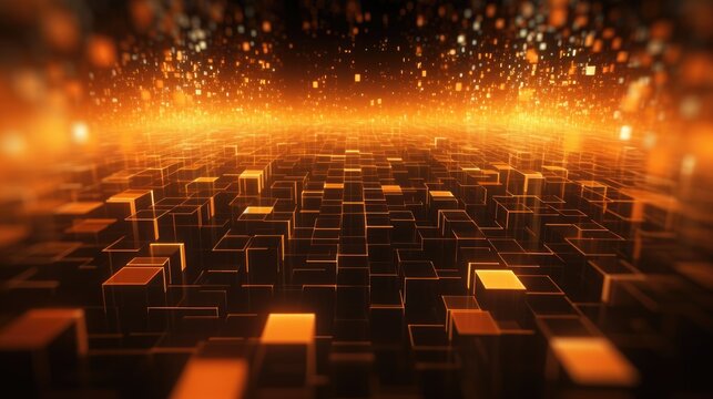 Background with neon orange squares arranged randomly with a 3d effect and particle system