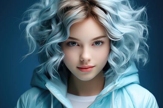 Teenager girl wearing light blue shirt looking into the camera. Blue haired teen girl stays against blue background. adolescence concept. Copy space.
