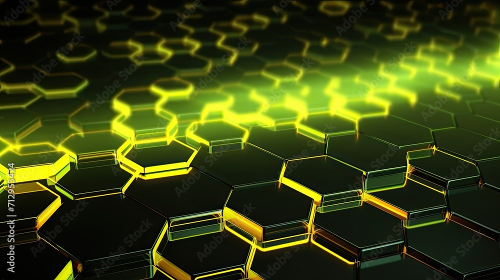 Poster background with neon yellow hexagons arranged in a repeating pattern with a 3d effect and parallax s