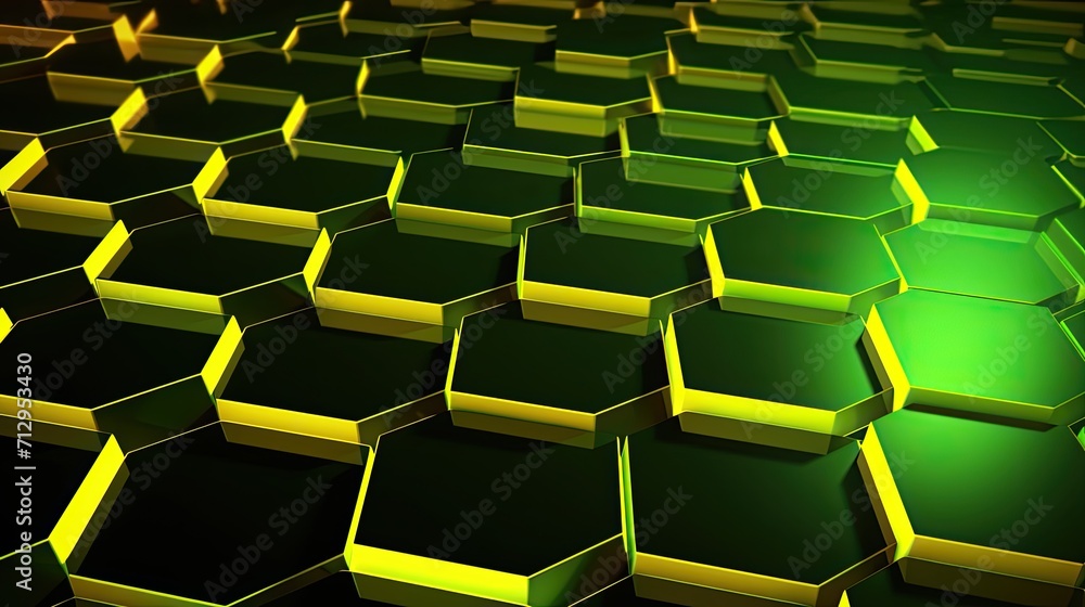 Poster background with neon yellow hexagons arranged in a repeating pattern with a 3d effect and parallax s