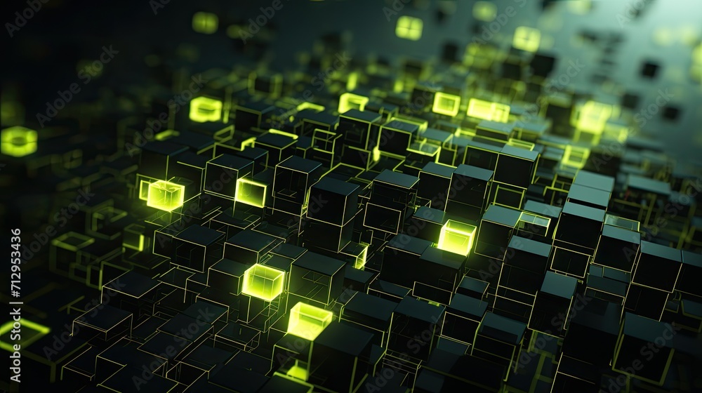 Poster background with neon yellow squares arranged randomly with a 3d effect and particle system