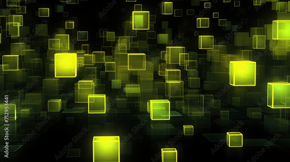 Poster background with neon yellow squares arranged randomly with a 3d effect and particle system