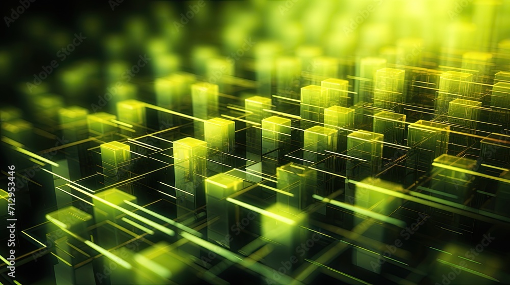 Poster background with neon yellow squares arranged randomly with a motion blur effect and light streaks
