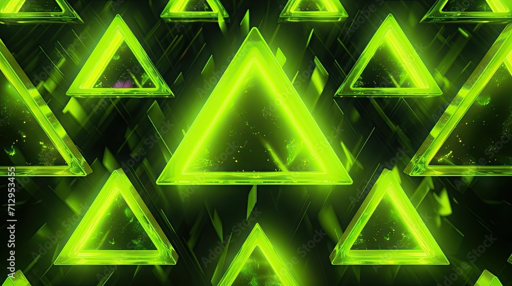 Poster background with neon yellow triangles arranged in a checkerboard pattern with a 3d effect and partic