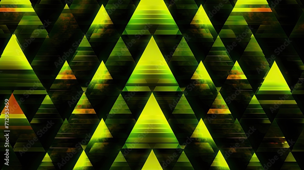 Poster background with neon yellow triangles arranged in a honeycomb pattern with a glitch effect and digit