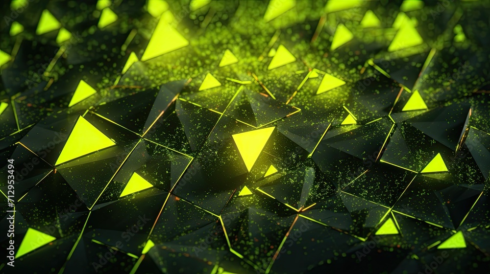 Poster background with neon yellow triangles arranged randomly with a 3d effect and particle system