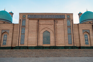 View of Hazrati Imam Mosque and Muyi Muborak Madrasah Moyie Mubarek Library Museum in Tashkent, Uzbekistan. Hazrati Imam architectural complex is a popular tourist attraction of Central Asia.