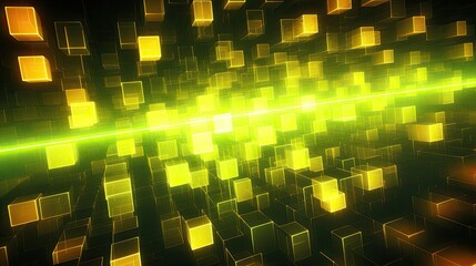 Background with neon yellow squares arranged randomly with a motion blur effect and light streaks