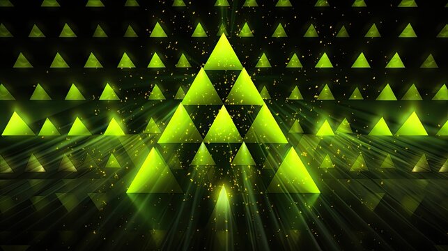 Background with neon yellow triangles arranged in a checkerboard pattern with a 3d effect and particle system