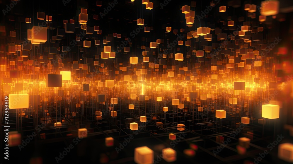 Fototapete background with orange squares arranged randomly with a 3d effect and particle system