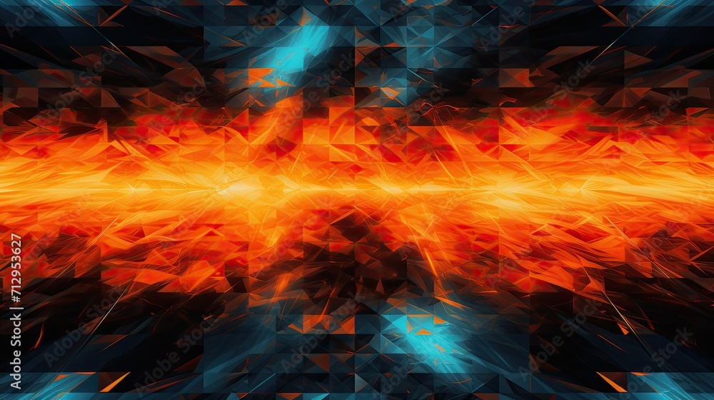 Poster background with orange triangles arranged in a diamond pattern with a glitch effect and digital dist