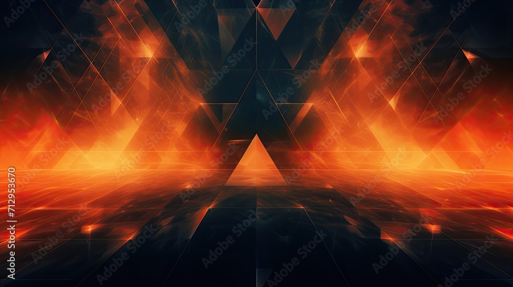 Poster background with orange triangles arranged in a diamond pattern with a glitch effect and digital dist