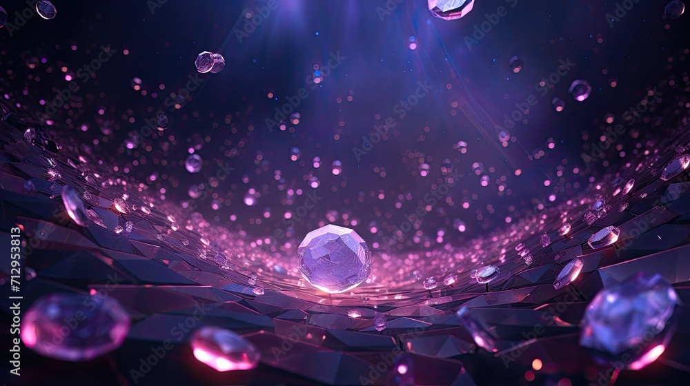 Poster background with purple circles arranged in a diamond pattern with a 3d effect and particle system