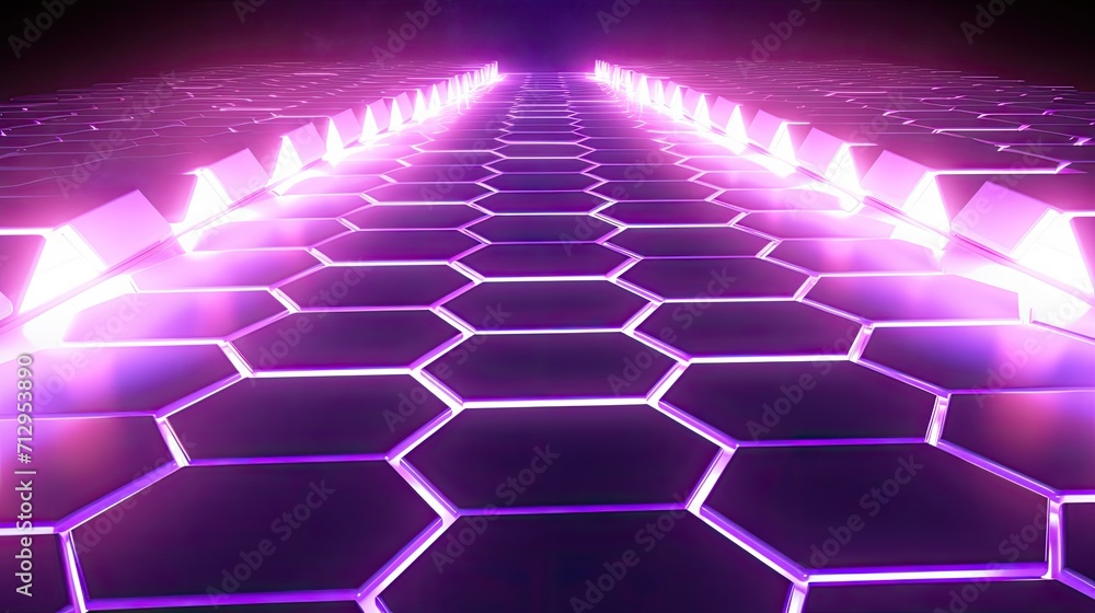 Poster background with purple hexagons arranged in a checkerboard pattern with a neon glow effect and lens 