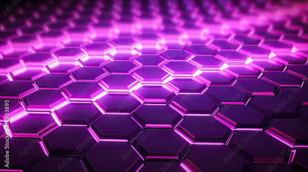 Poster background with purple hexagons arranged in a checkerboard pattern with a neon glow effect and lens 