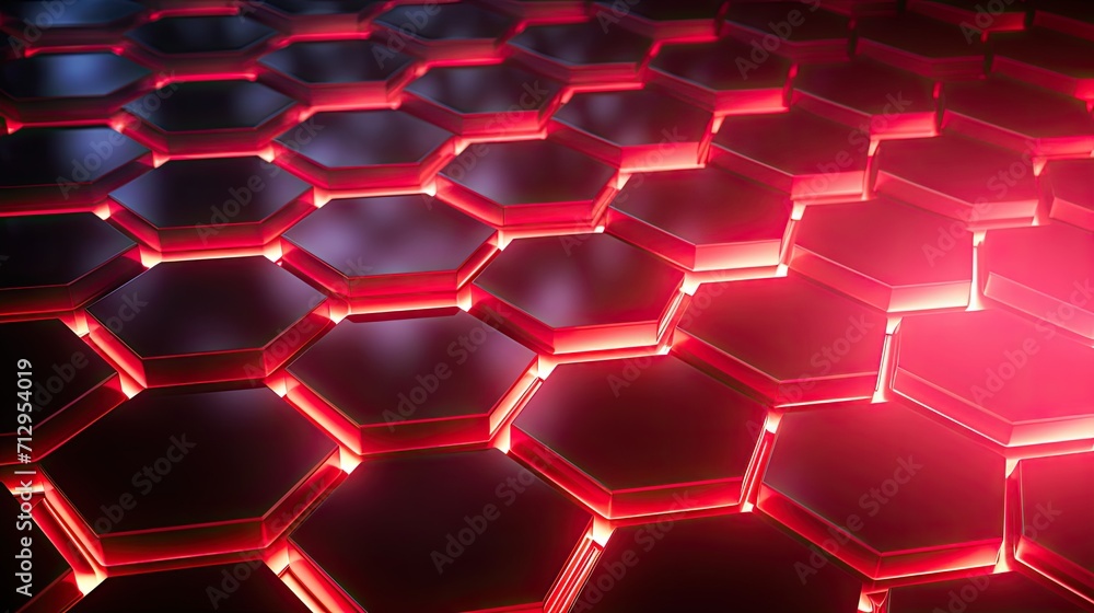 Poster background with red hexagons arranged in a checkerboard pattern with a neon glow effect and lens fla