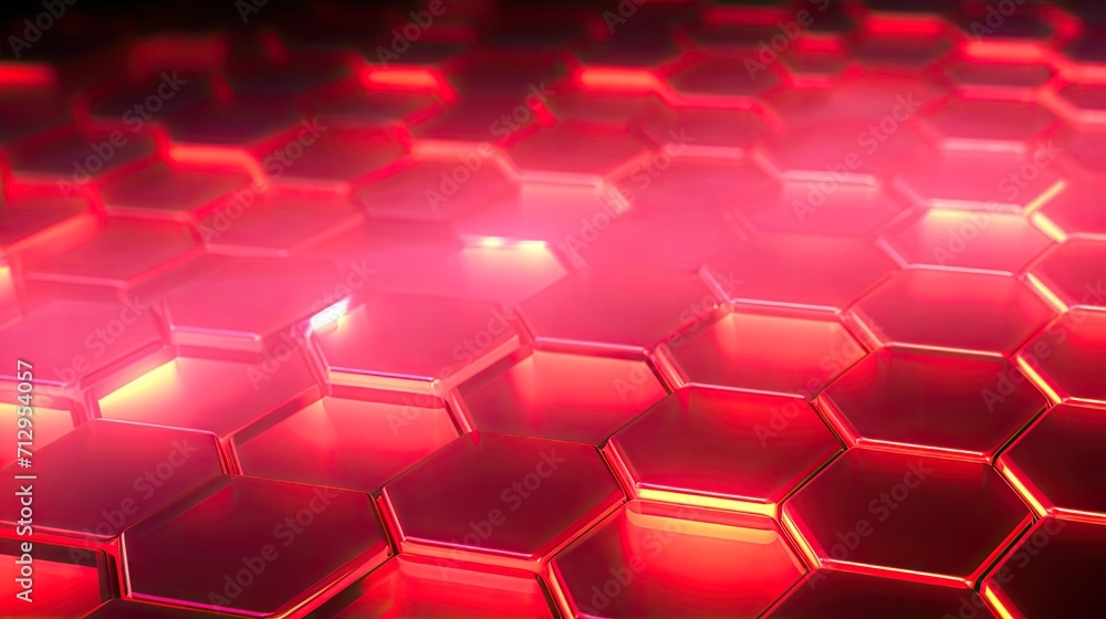 Poster background with red hexagons arranged in a checkerboard pattern with a neon glow effect and lens fla