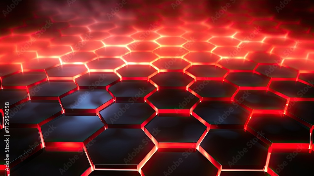 Poster background with red hexagons arranged in a checkerboard pattern with a neon glow effect and lens fla