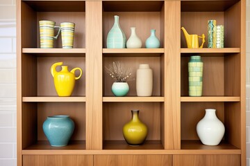 wooden bookshelf with ceramic vases