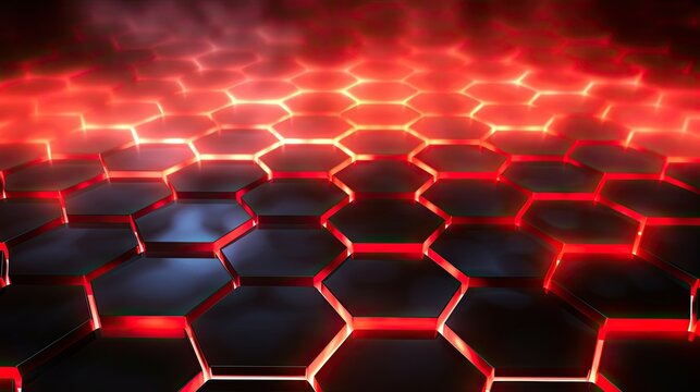 Background with red hexagons arranged in a checkerboard pattern with a neon glow effect and lens flares